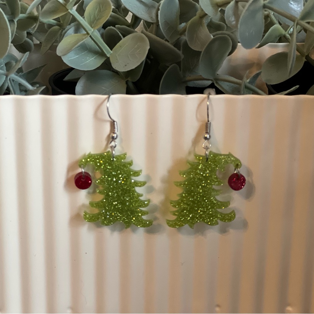 Glittery Green Christmas Tree Earrings